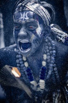 A culturally rich portrayal of Masaan Holi festival in Varanasi, India, showcasing traditional attire and expressions.