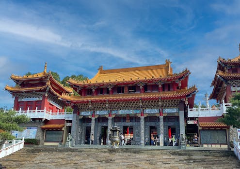 Beautiful Chinese temple with intricate architecture and vibrant colors under blue skies.