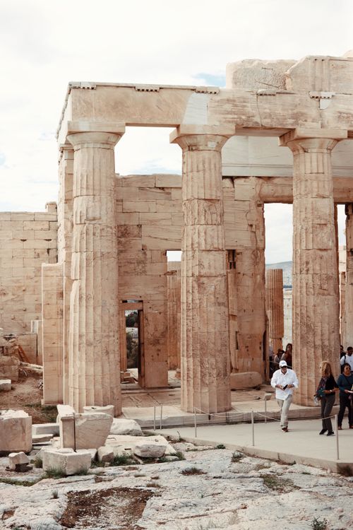 Free View of the Parthenon's ancient architecture in Athens, Greece. Stock Photo
