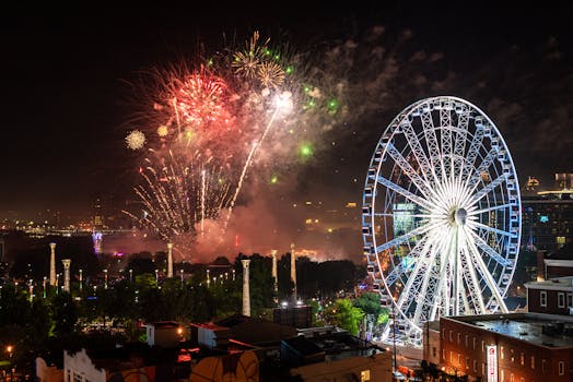 Night view of Atlanta featuring a lit Ferris wheel and vibrant fireworks in the sky.