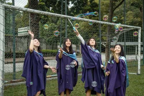 Free Four graduates in purple gowns enjoy bubbles outdoors on graduation day. Stock Photo