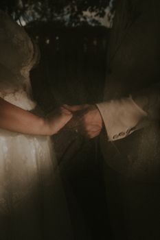 A couple shares a romantic moment, holding hands in wedding attire during twilight.