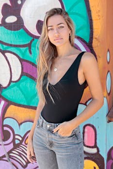 在布宜诺斯艾利斯，一位时尚女性自信地站在彩色涂鸦前