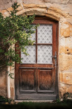 A rustic wooden door set in a stone wall, partially covered by greenery, evokes a vintage charm.