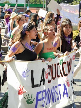 A vibrant feminist march in Mexico City, advocating for equality and women's rights.