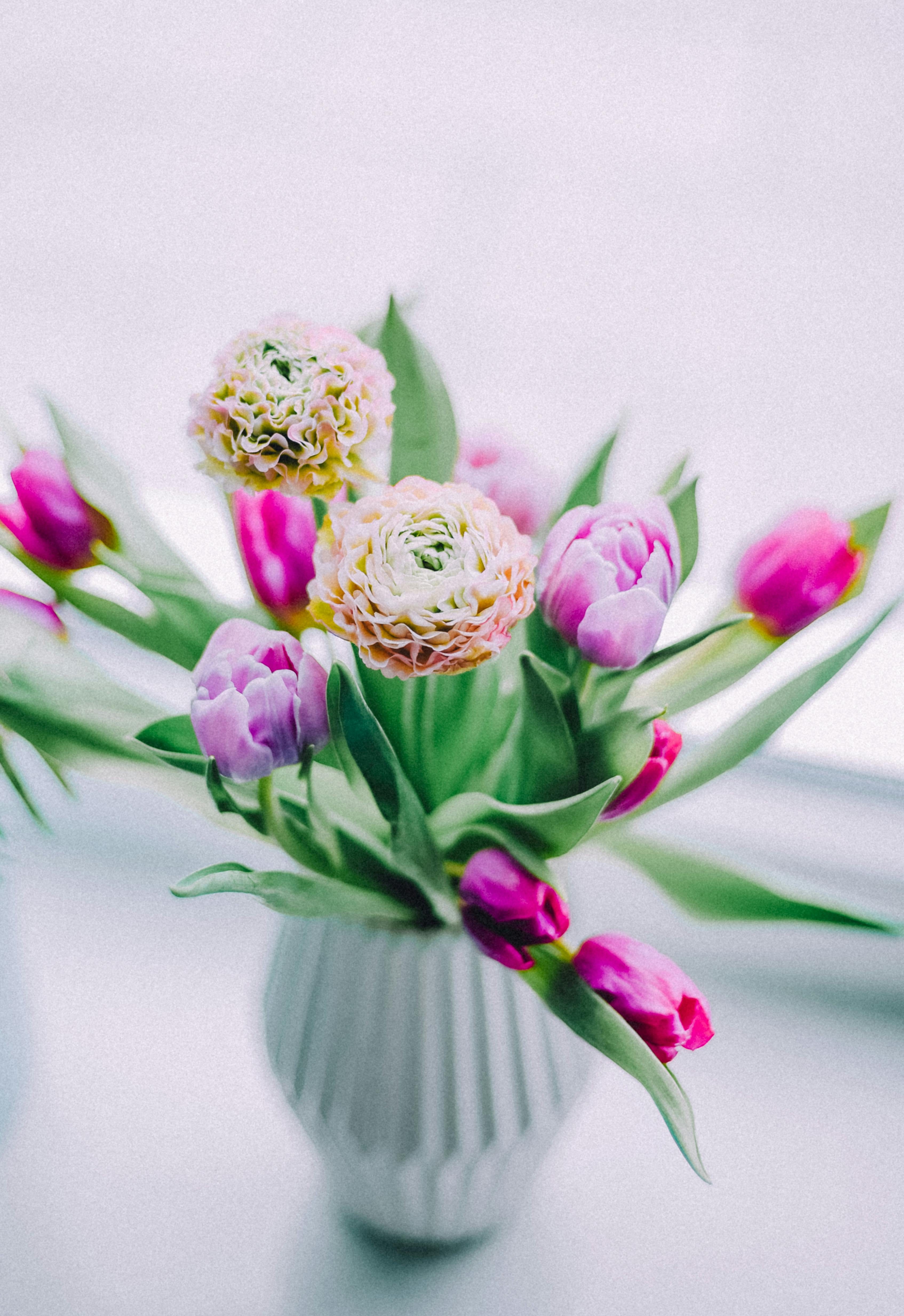 A beautiful vase of pink tulips and ranunculus creating a tranquil spring ambiance.