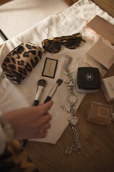 A stylish array of high-end fashion accessories laid out on a table, perfect for a chic lifestyle vibe.