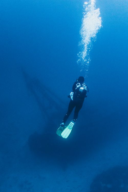 Free Back view of unrecognizable male diver in flippers with oxygen cylinder swimming underwater with bubbles above during vacation in daylight Stock Photo