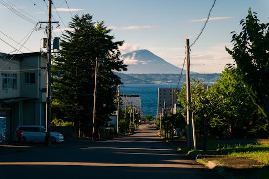 Street leading to scenic mountain view with lush greenery and ocean in sight.