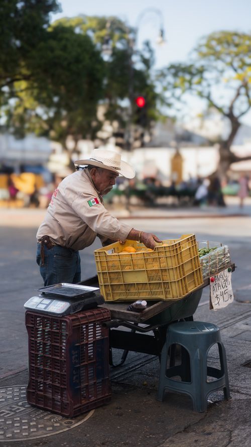 Free A Mexican street vendor arranging pineapples for sale in a bustling outdoor market. Stock Photo