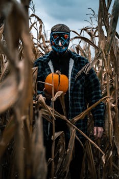 一个戴着令人毛骨悚然面具的人，在玉米地里拿着南瓜，营造出万圣节的氛围