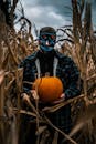 一个戴着怪异面具的人拿着一个南瓜，站在怪异的玉米地里