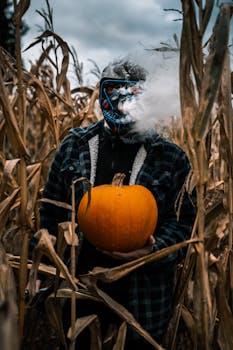 一个戴着发光面具的神秘人拿着南瓜站在玉米地里，营造出一种怪异的氛围