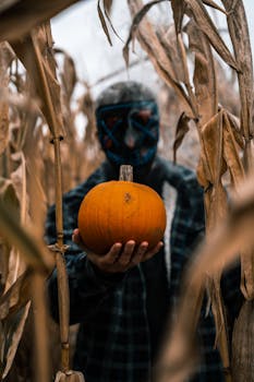 一个戴着面具的人拿着南瓜，出现在诡异的玉米地里，唤起了万圣节的氛围