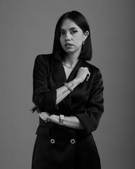 Black and white portrait of a confident woman in a black suit, showcasing elegance and style.