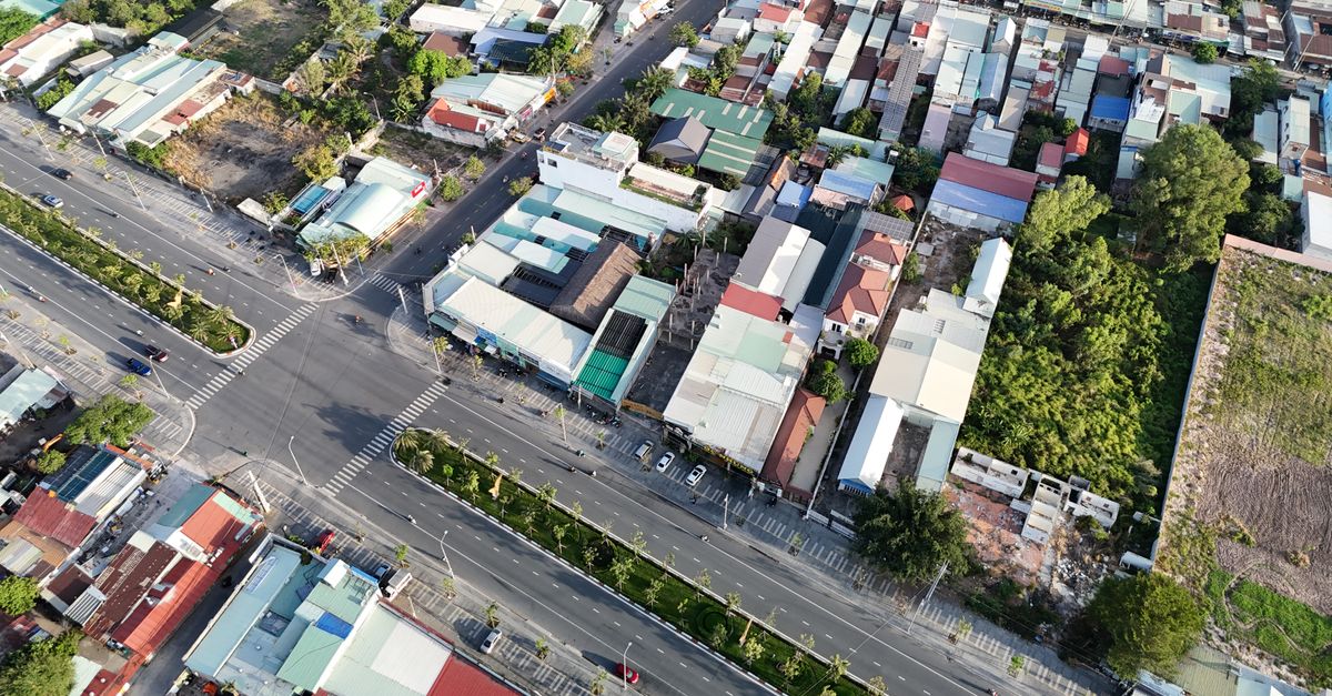 Aerial shot of Phú Mỹ, showcasing urban planning and residential area streets in Vietnam.