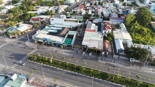 Aerial photograph showcasing the streets and buildings of Phú Mỹ, a bustling town in Bà Rịa, Vietnam.