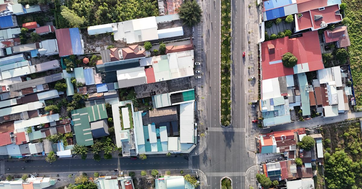 Aerial photograph showing the urban grid layout of Phú Mỹ, Vietnam.