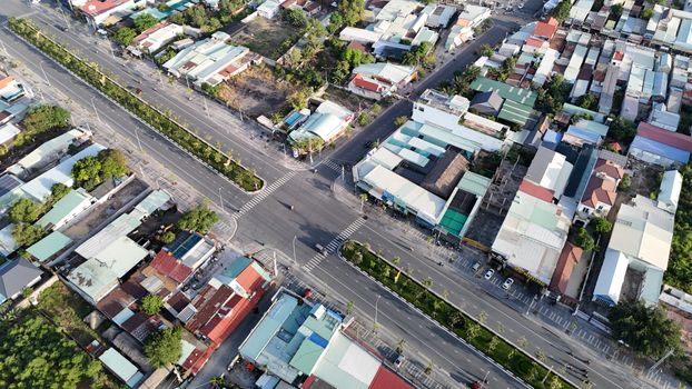 Aerial shot showcasing a vibrant intersection in Phú Mỹ, Vietnam from above.