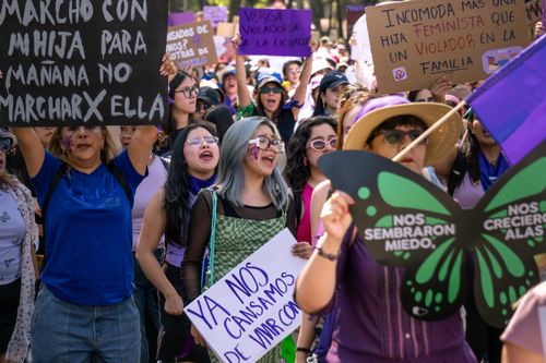 Free A vibrant and peaceful women's empowerment march in Mexico City showcasing activism and diverse participants. Stock Photo