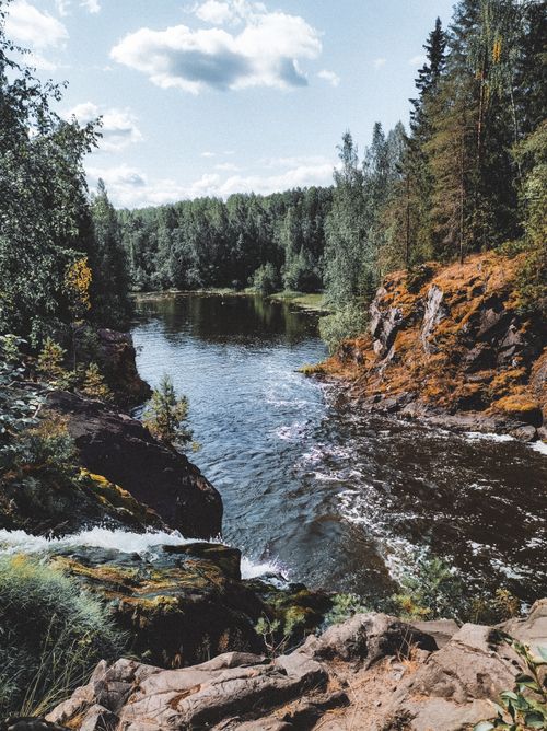 Free Serene river surrounded by lush forest in Republic of Karelia, perfect for nature lovers. Stock Photo