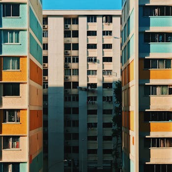 Vibrant facade of urban residential buildings in Singapore, capturing a geometric pattern.