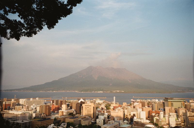 Kagoshima city from above with Sakurajima volcano dominating the horizon across Kinko Bay at golden hour