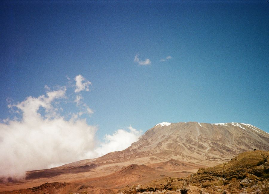 Snow-capped Mount Kilimanjaro under a clear blue sky, showcasing its majestic beauty.