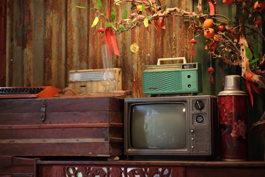 Vintage TV and radio setup with rustic decor and Chinese New Year theme.