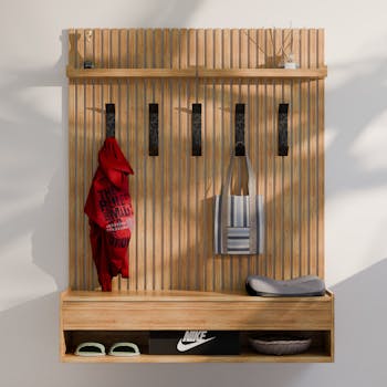 Wooden wall organizer with hooks, clothes, and accessories in a contemporary design.