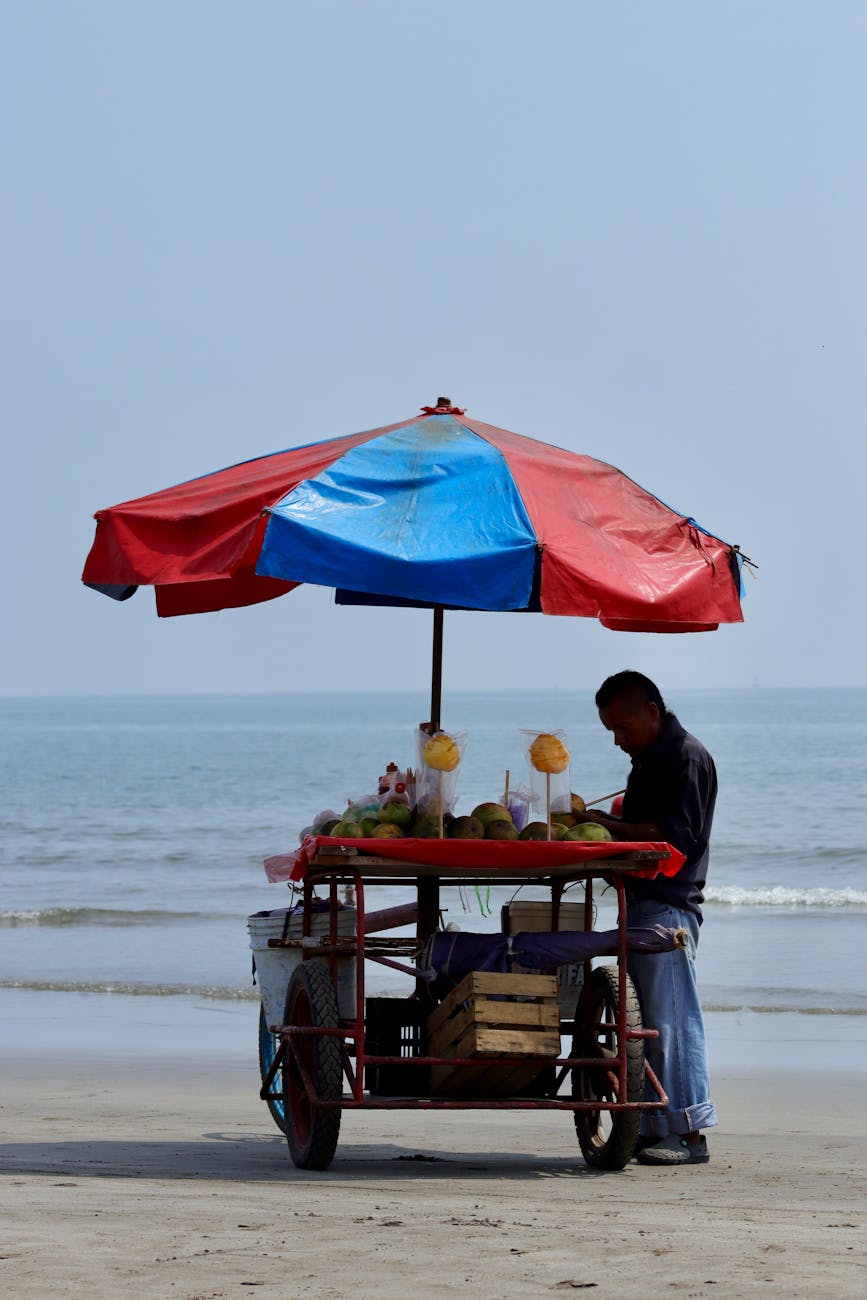 Beach vendor with fruit cart under umbrella on Veracruz shore.