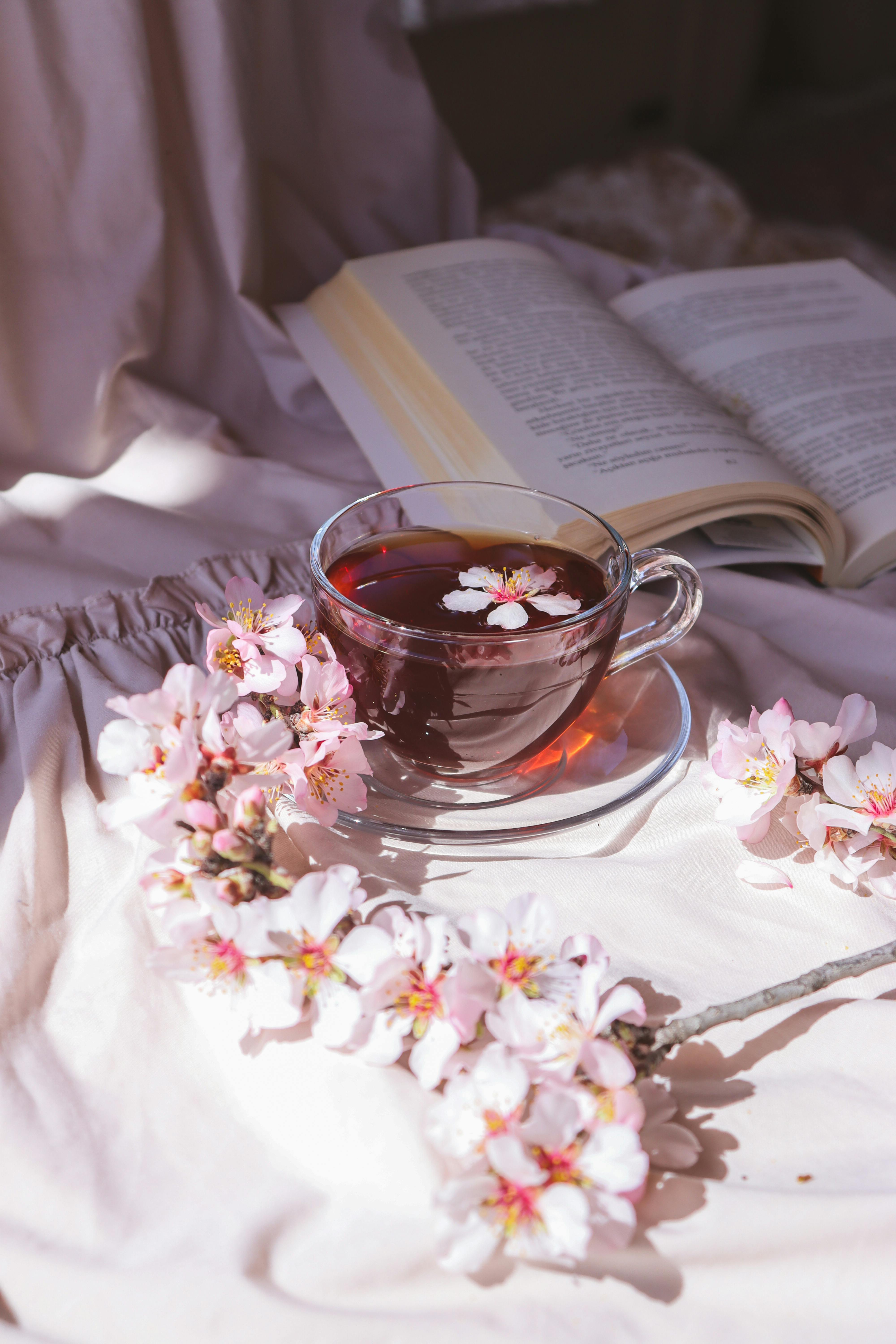 Glass teacup of herbal blossom tea on soft fabric with flowers and open book, serene spring scene.