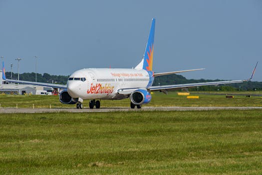 Jet2Holiday aircraft on runway at Leeds Bradford Airport, UK.