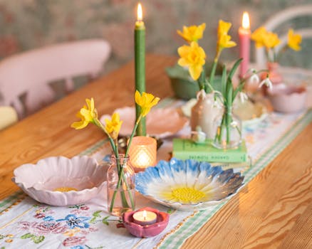 Inviting spring tablescape featuring daffodils, candles, and decorative plates on a colorful runner.