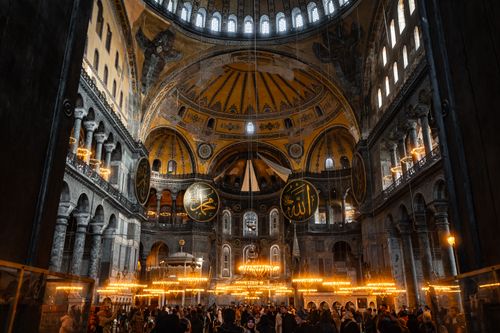 Free Stunning view of the Hagia Sophia's interior featuring intricate Byzantine architecture and lighting. Stock Photo