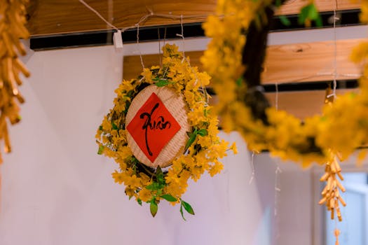 Vibrant yellow wreath featuring Asian calligraphy, creating a festive atmosphere.