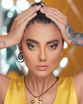 Striking portrait of a woman with colorful eye makeup and unique earrings, exuding confidence.