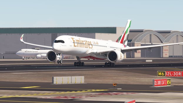 Emirates Airbus A350 ready for takeoff at airport runway with clear sky.