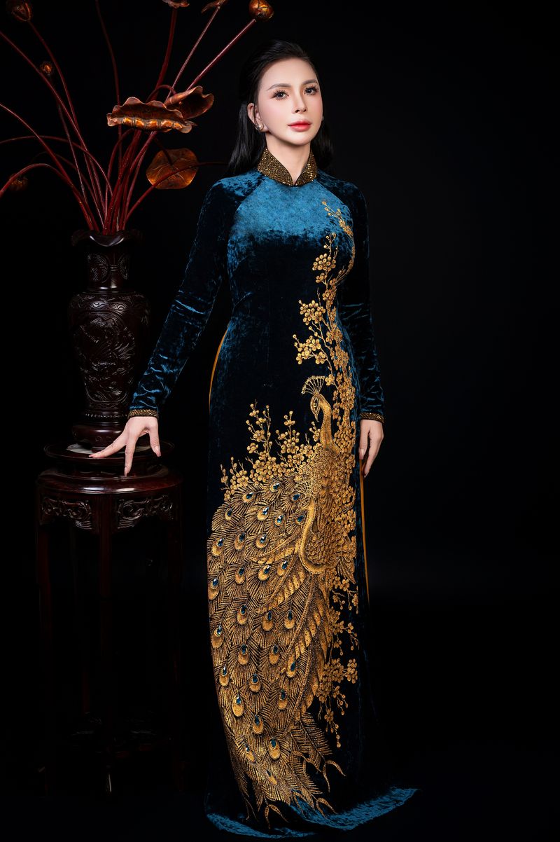 Woman in a navy blue velvet dress