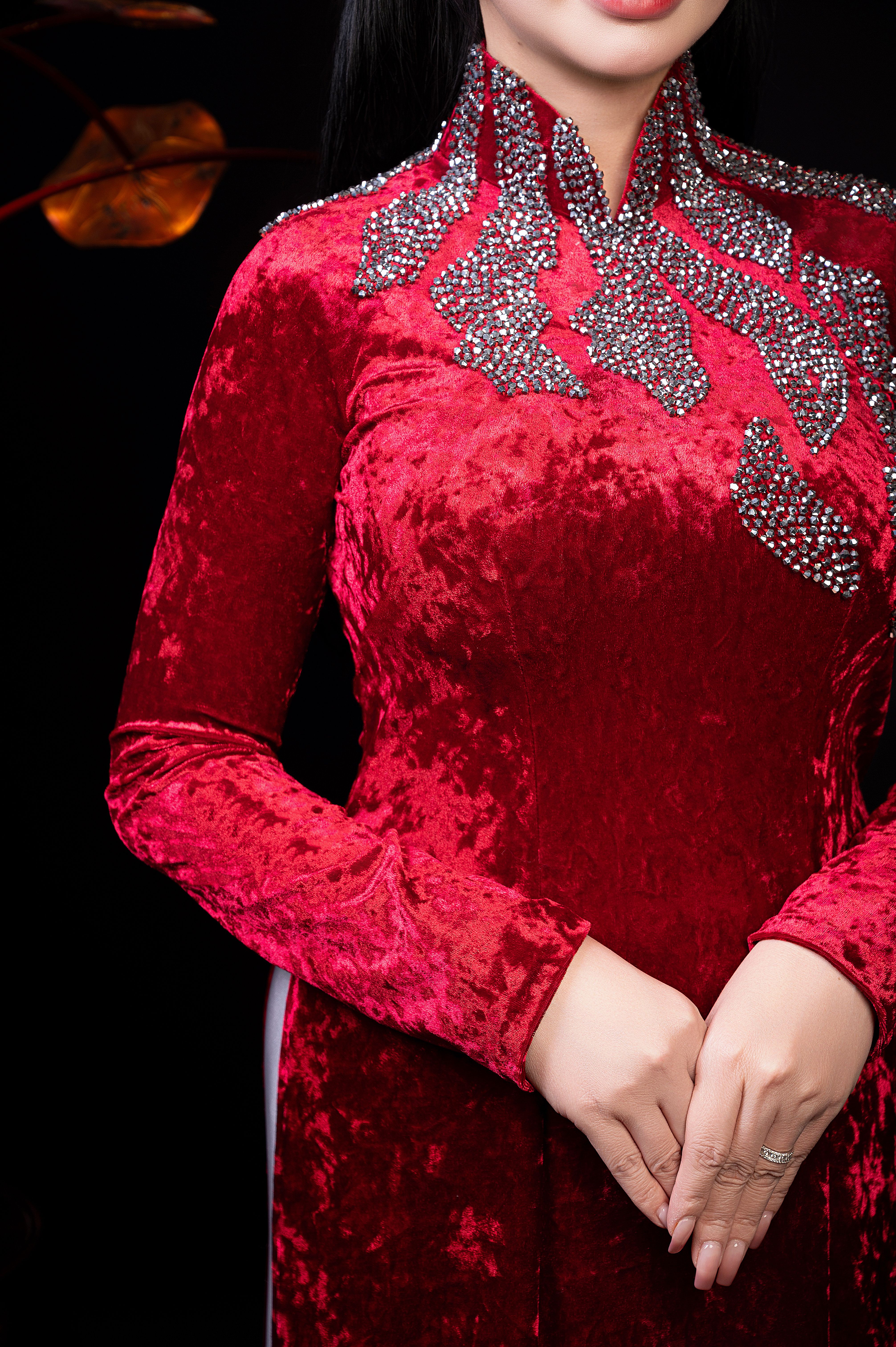 Elegant Woman in Red Velvet Dress with Embellishments · Free Stock Photo