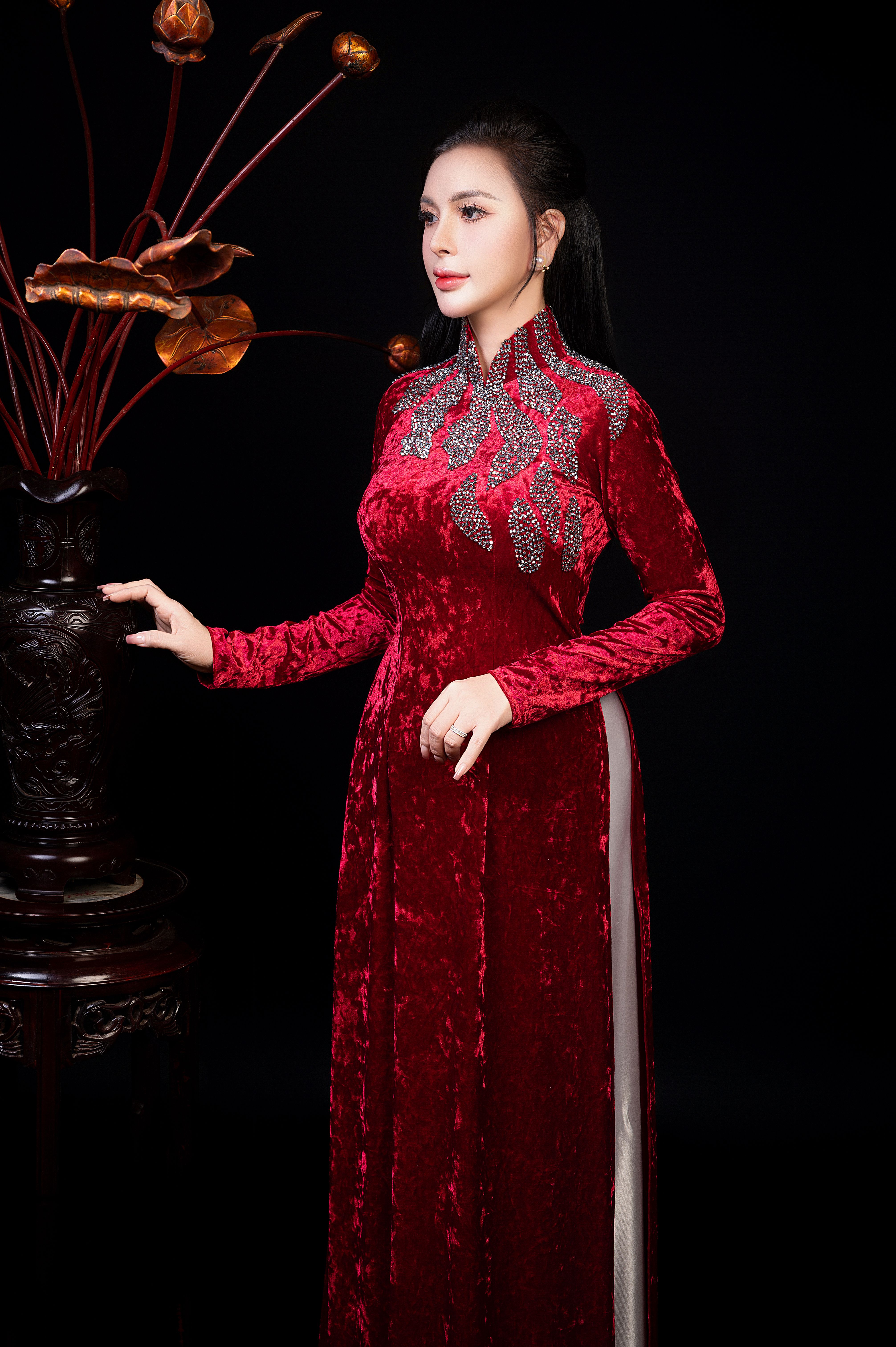 Elegant Woman in Red Velvet Traditional Dress · Free Stock Photo