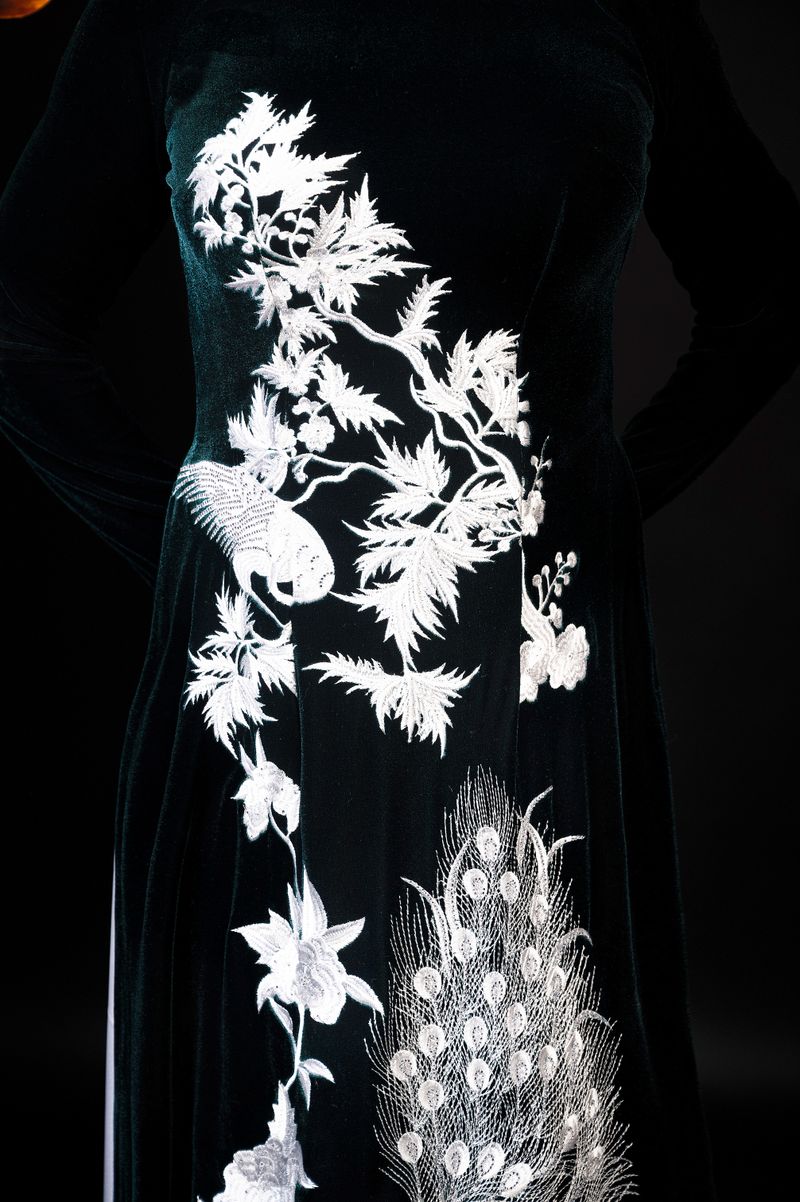 A dark velvet dress with dense white peacock and blossom embroidery