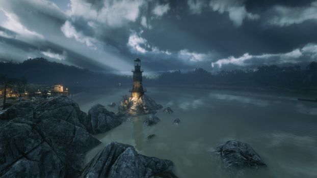 A dramatic scene of a lighthouse illuminated during a stormy evening on rocky seaside.