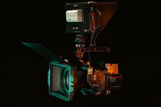 A detailed view of a cinema camera rig setup with Viltrox monitor and accessories.