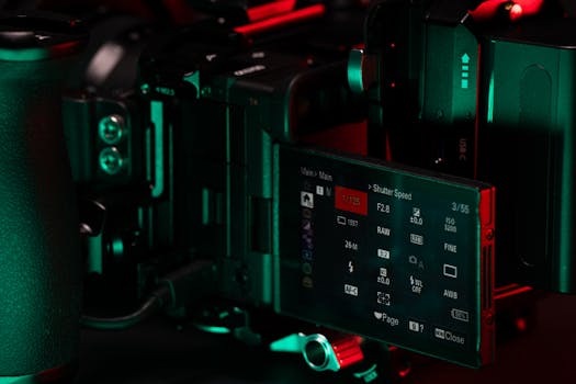 Close-up of a professional video camera setup with an LCD screen displaying settings.