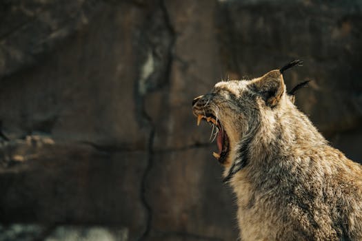 A wild lynx yawns against a rocky background, showcasing its sharp teeth in a natural outdoor setting.