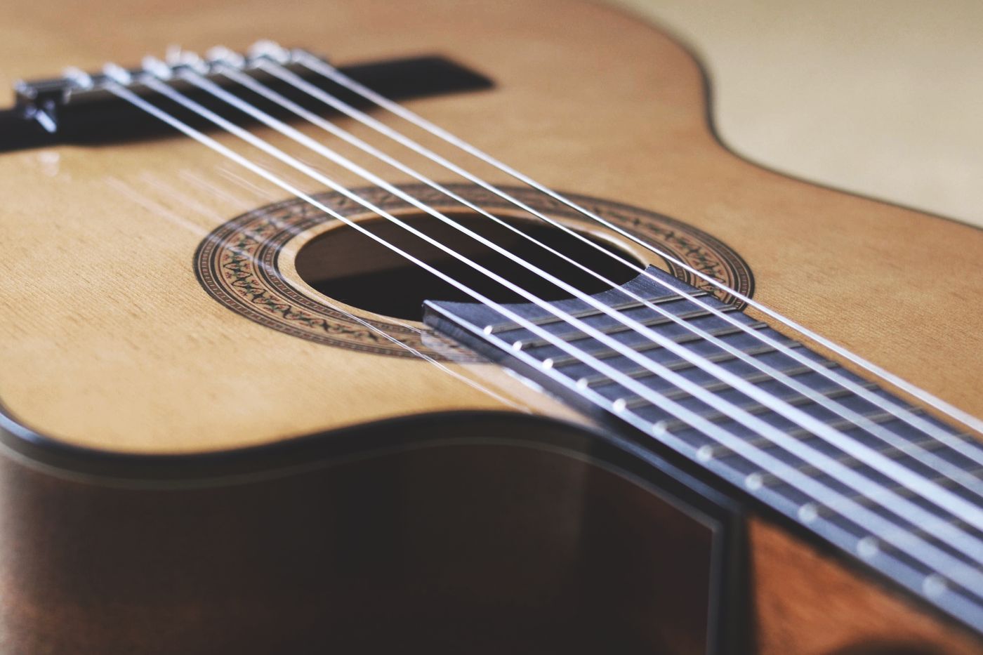 Macro close-up of nylon classical guitar strings