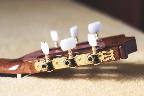 Free Detailed view of a classical guitar headstock showing gold tuning pegs on a wooden background. Stock Photo
