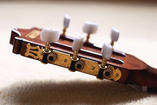 Detailed close-up image of tuning pegs on a classical guitar headstock from Belgrade, Serbia.