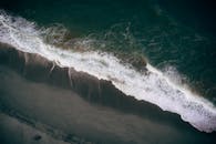 这是一张宁静的航拍照片，海浪轻轻拍打在沙滩上，营造出风景如画的海景